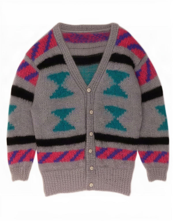Pulover Cardigan Vintage pentru Damă UK 10 Mic Gri Geometric