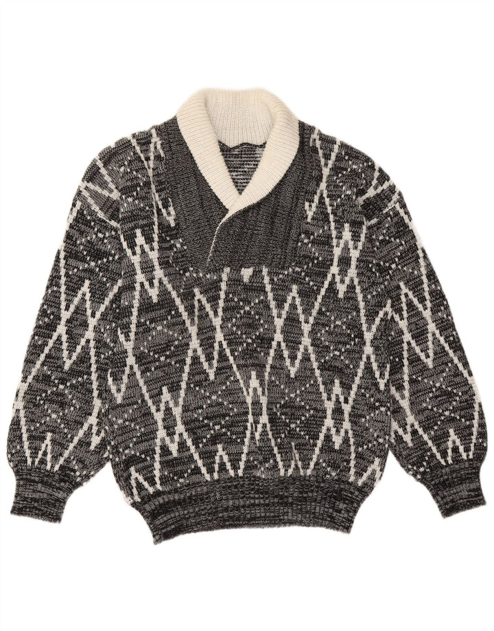 Pulover vintage pentru bărbați cu gât șal, gri mediu geometric
