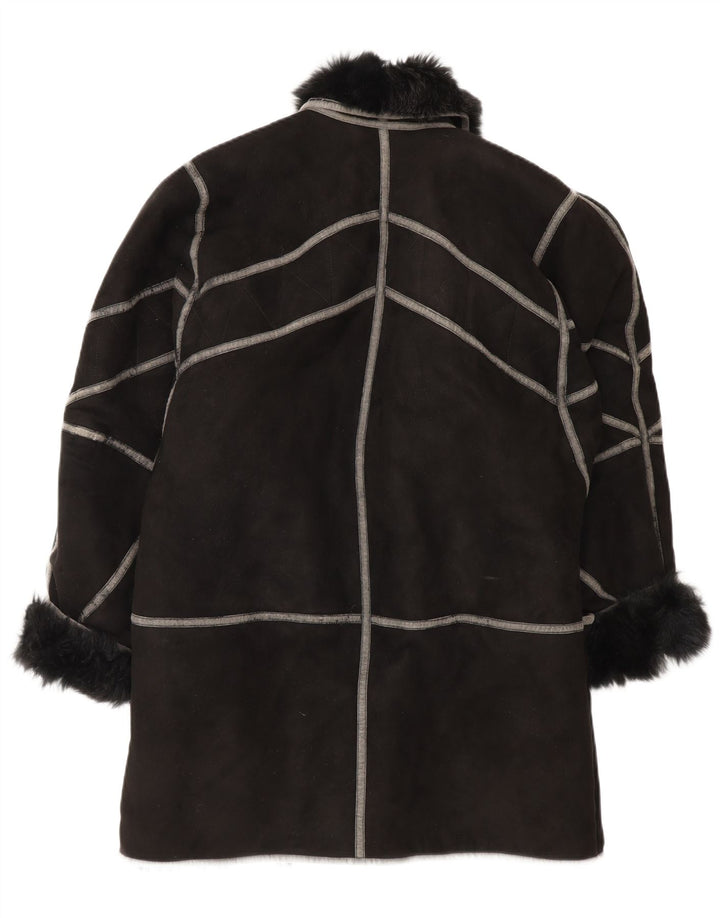 Pardesiu vintage din shearling supradimensionat pentru femei IT 42 Medium Black Shearling