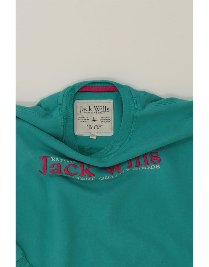 JACK WILLS Womens Graphic Sweatshirt Jumper UK 12 Medium Green Cotton Vintage Jack Wills and Second-Hand Jack Wills from Messina Hembry 