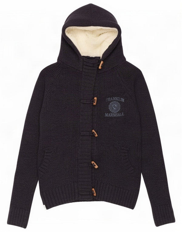 Franklin Marshall Pulover cardigan cu glugă pentru femei UK 10 Small Blue Marine Wool