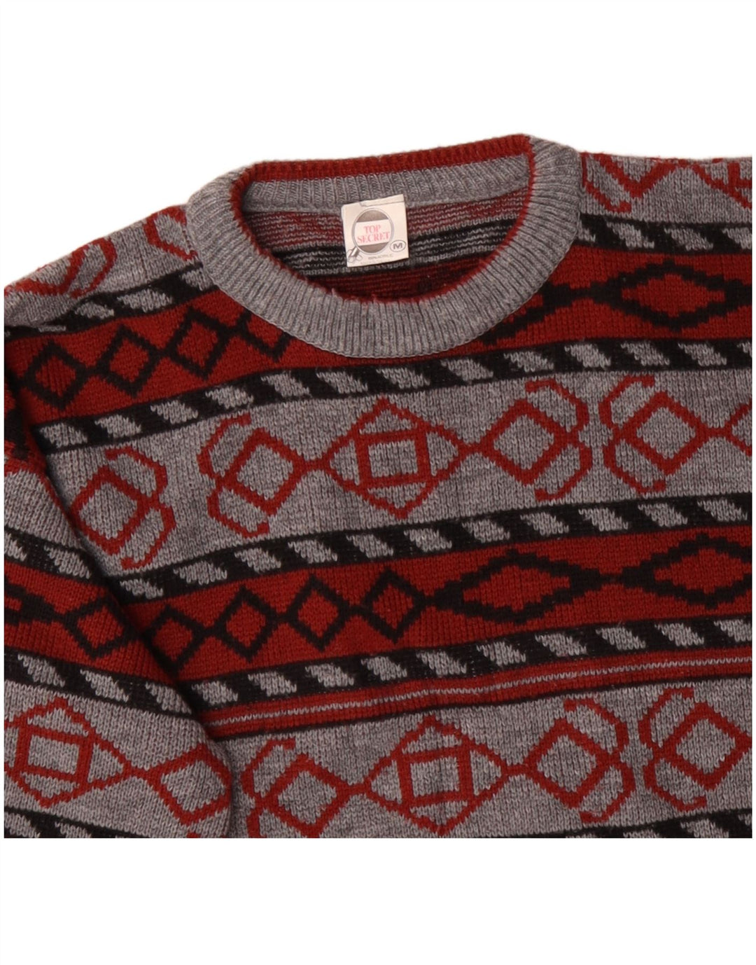 Pulover VINTAGE pentru bărbați cu gât roșu, acrilic geometric, gri mediu