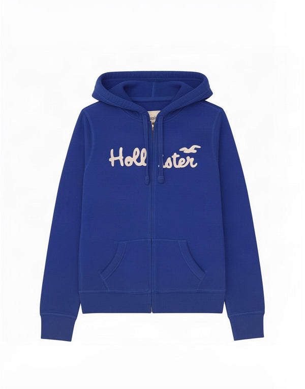 Pulover Hollister Graphic Crop Zip pentru femei UK 16 Bumbac albastru mare