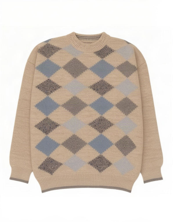 Pulover vintage pentru bărbați cu gât roșu, XL, bej, lână de alpaca argyle/diamond
