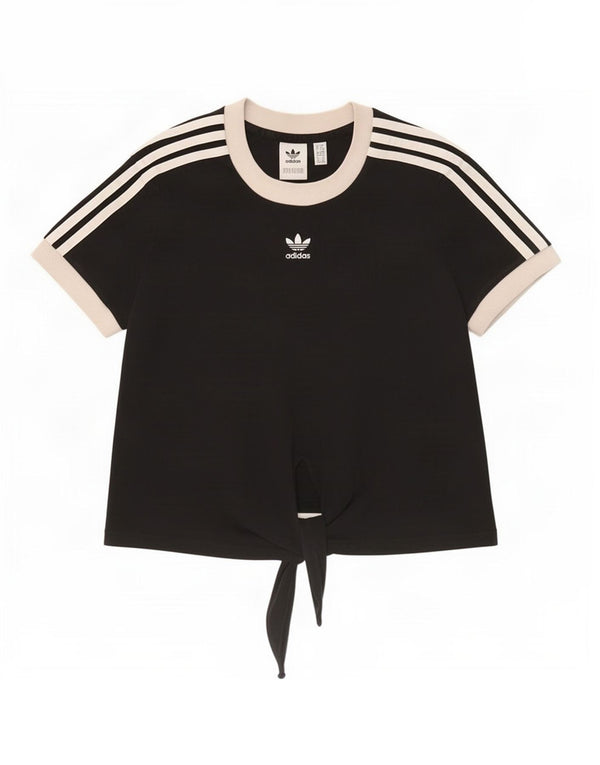 Adidas Womens Crop Front Tie T-Shirt Top UK 6 XS Black Colourblock Cotton