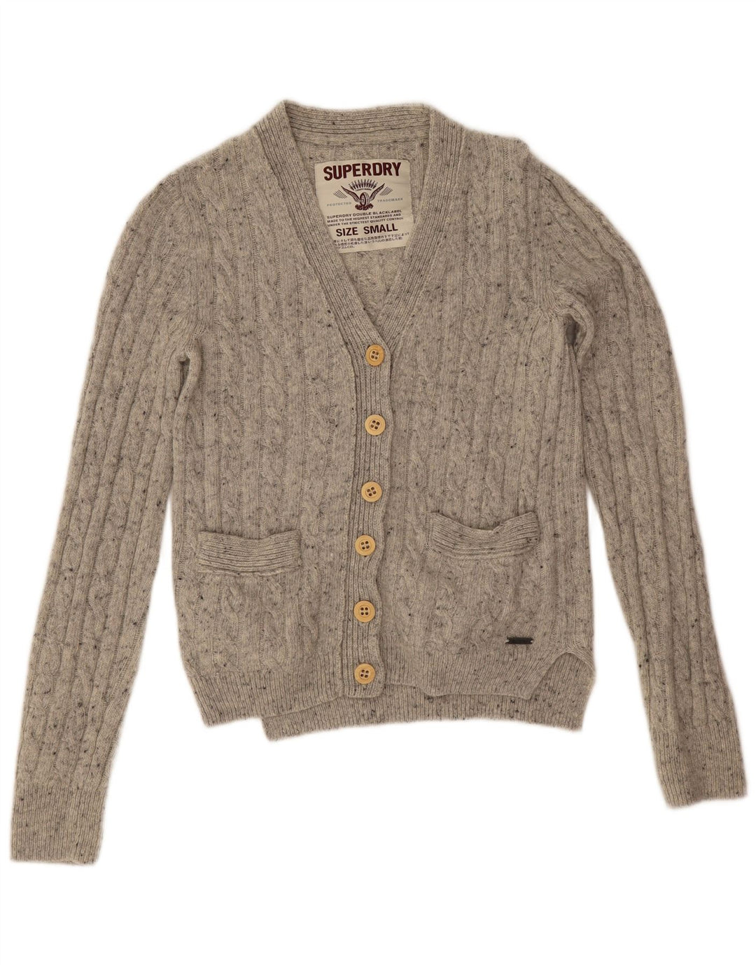Pulover cardigan supradimensionat pentru femei Superdry UK 10, lână cu pete gri mici