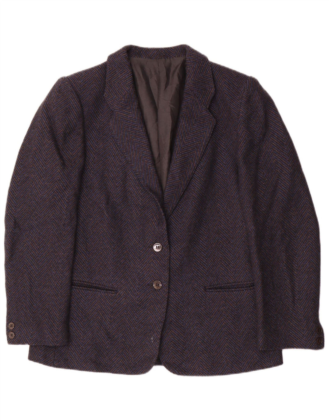 Jachetă vintage pentru femei cu 2 nasturi, UK 14, lână chevron, albastru, mediu