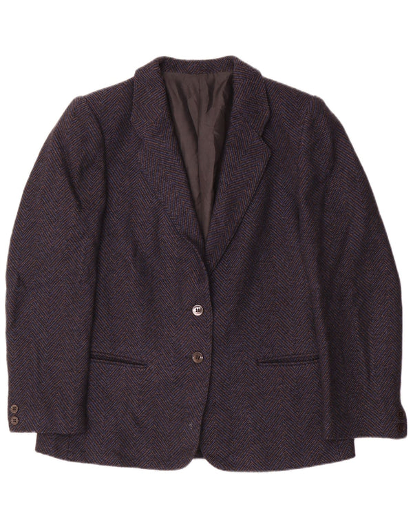 Jachetă vintage pentru femei cu 2 nasturi, UK 14, lână chevron, albastru, mediu