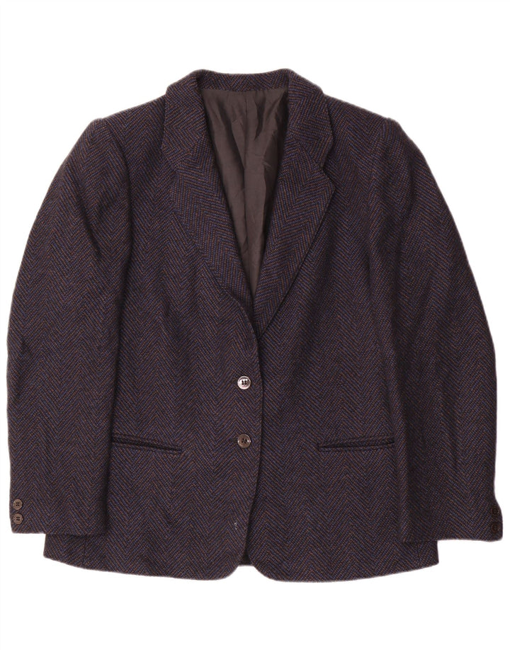 Jachetă vintage pentru femei cu 2 nasturi, UK 14, lână chevron, albastru, mediu