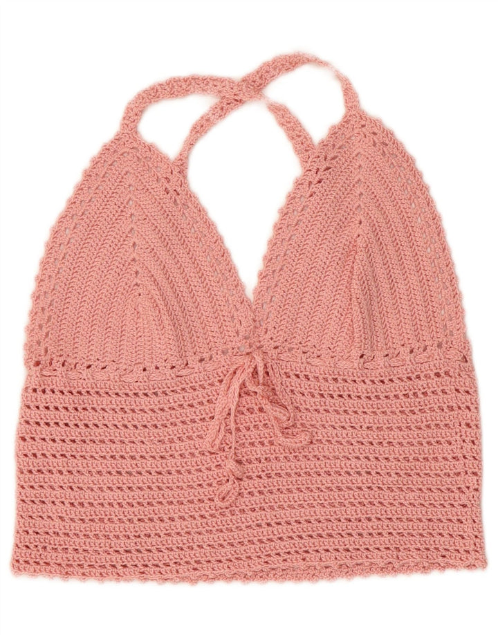 Vintage Crop Crochet Halter Top pentru femei UK 4 XS roz