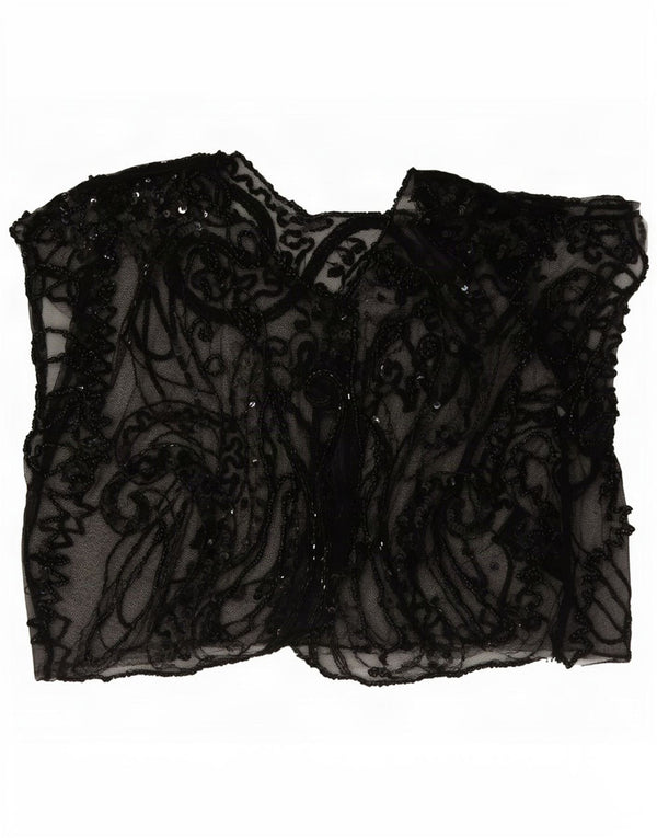 Vintage Crop Femei Fără mâneci See Through Top UK 8 Small Black Paisley