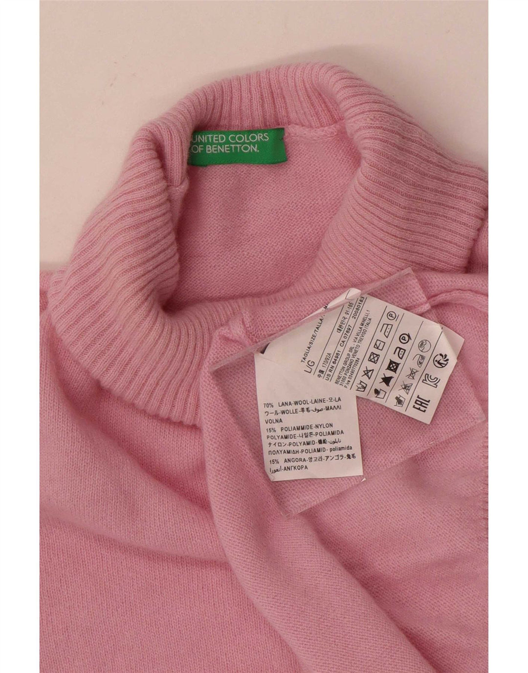 Pulover pentru femei Benetton cu gât rulat, UK 16, lână mare, roz