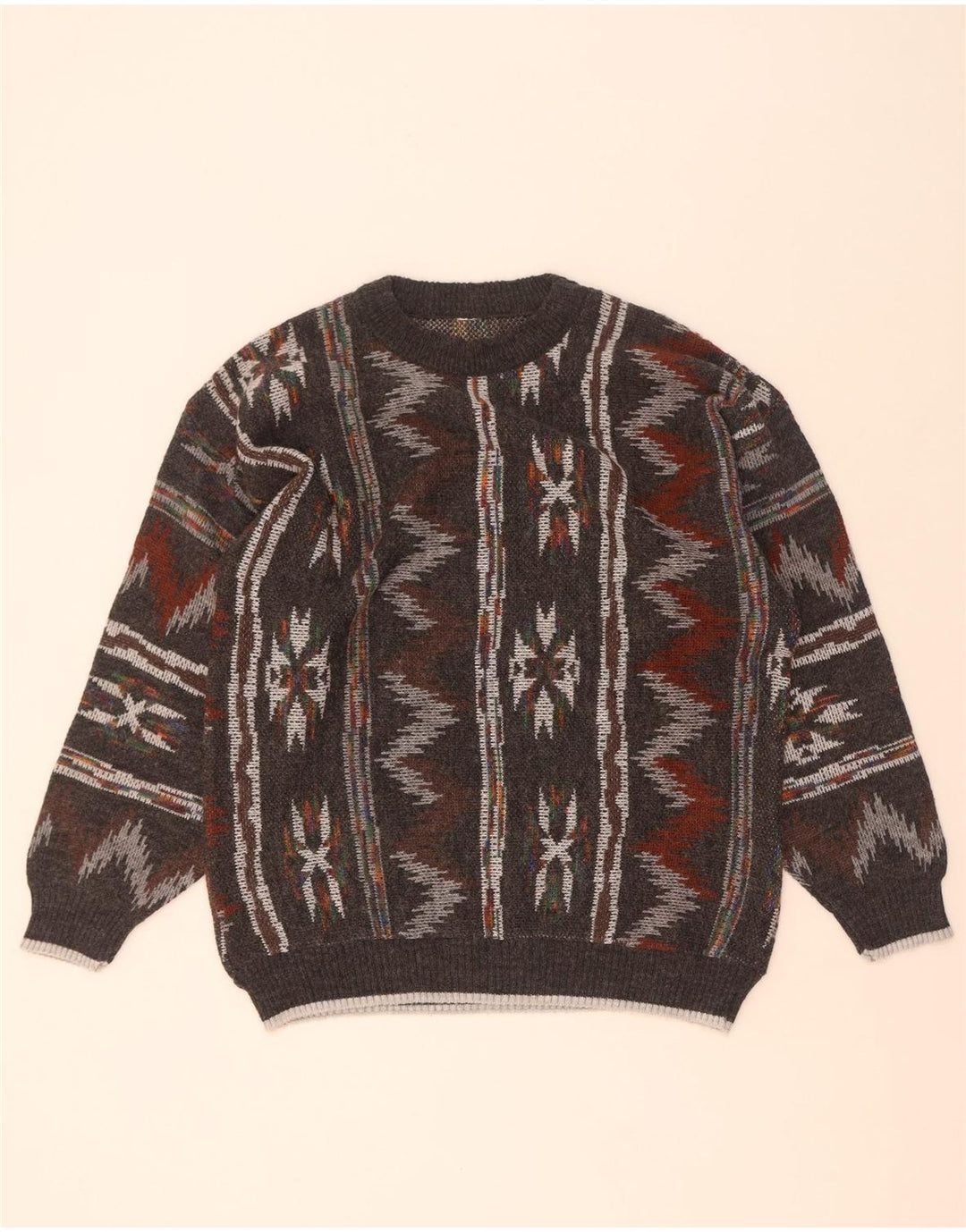 Pulover vintage pentru bărbați cu decolteu rotund, gri mediu geometric