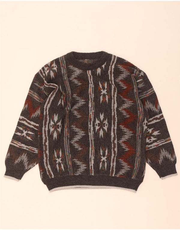 Pulover vintage pentru bărbați cu decolteu rotund, gri mediu geometric