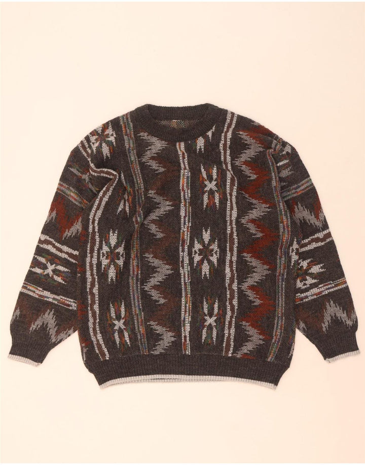 Pulover vintage pentru bărbați cu decolteu rotund, gri mediu geometric