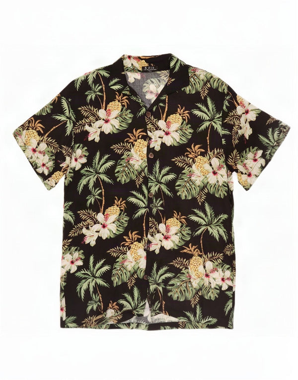 Cămașă vintage pentru bărbați cu mânecă scurtă, neagră medie, florală, din viscoză hawaiană
