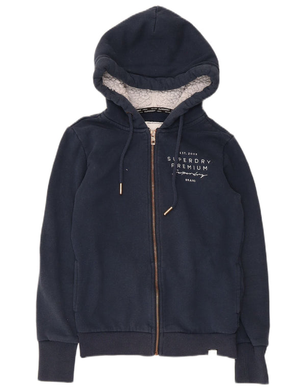 Superdry Womens Graphic Zip Hoodie Sweater UK 8 Small Navy Blue Cotton