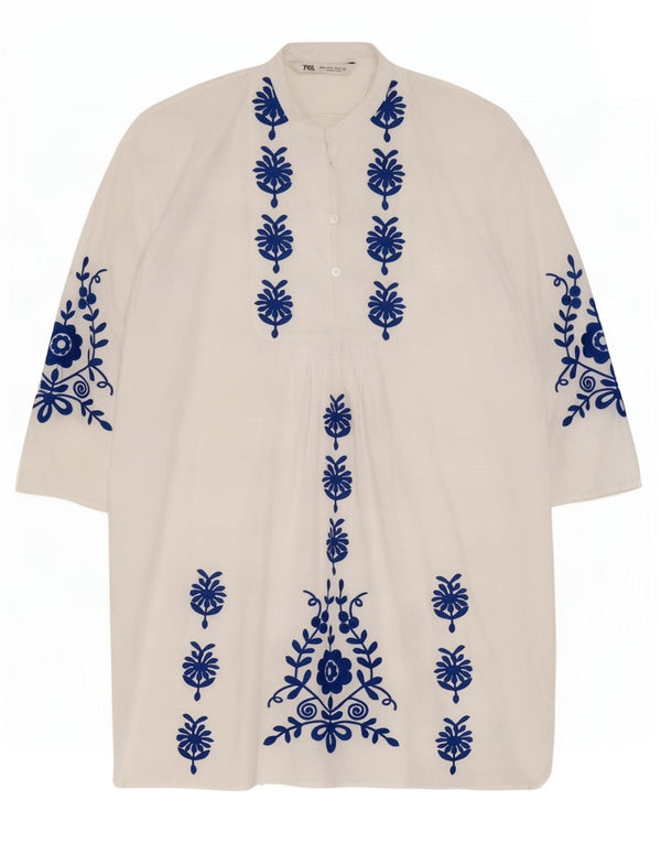 Rochie cort pentru femei Zara cu maneci 3/4 UK 14, bumbac floral alb mediu