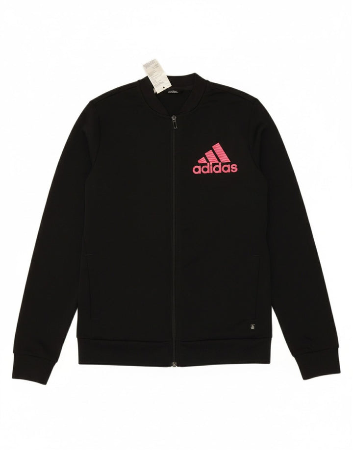 ADIDAS Girls Graphic Tracksuit Top Jacket 13-14 Years Black Polyester