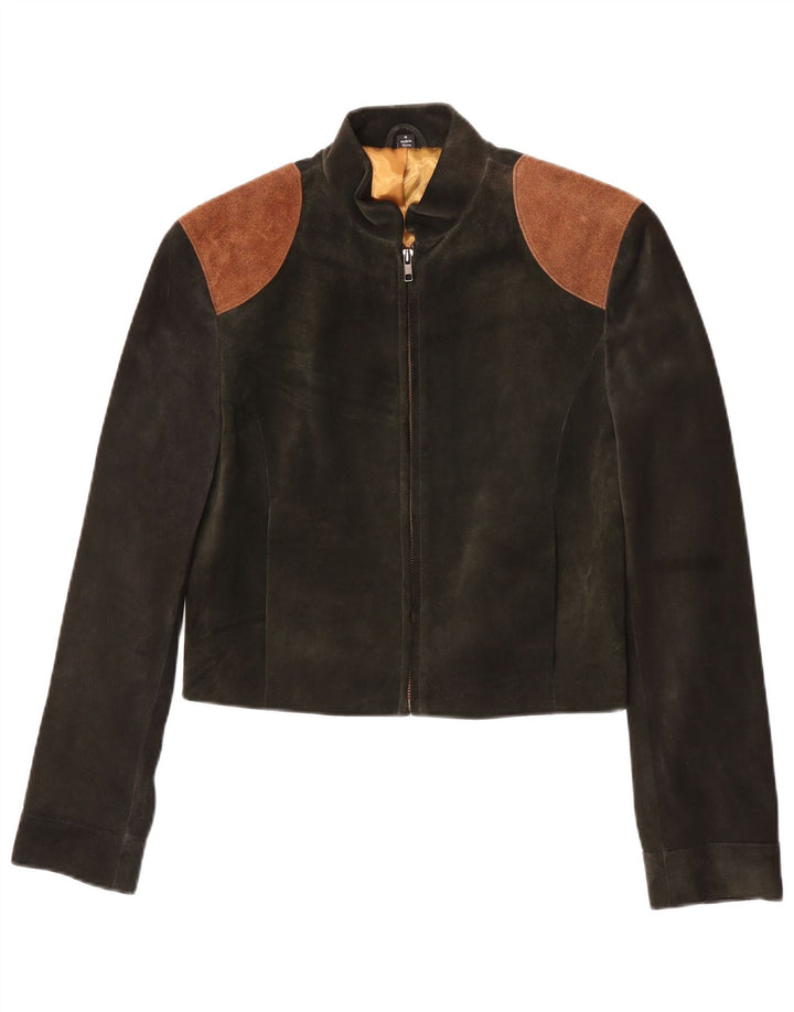 Jachetă vintage pentru femei Crop Bomber UK 12 Medium Green Colorblock