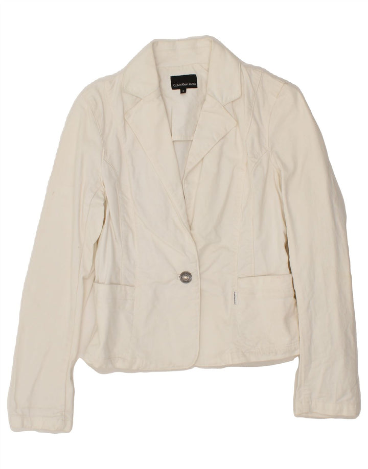 CALVIN KLEIN JEANS Womens 1 Button Denim Blazer Jacket UK 10 Small Beige Vintage Calvin Klein Jeans and Second-Hand Calvin Klein Jeans from Messina Hembry 
