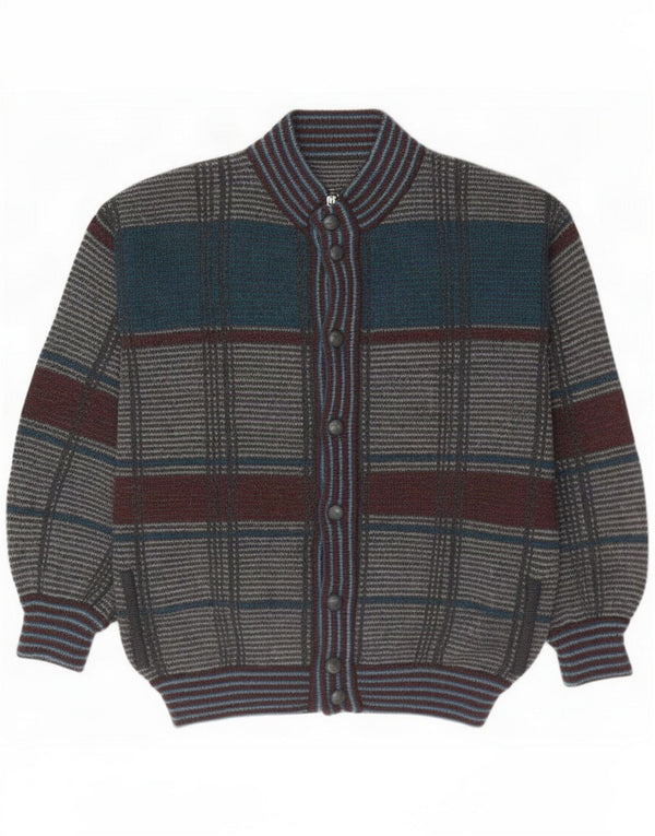 Vintage Cardigan pentru bărbați Pulover mare, gri, lână în carouri