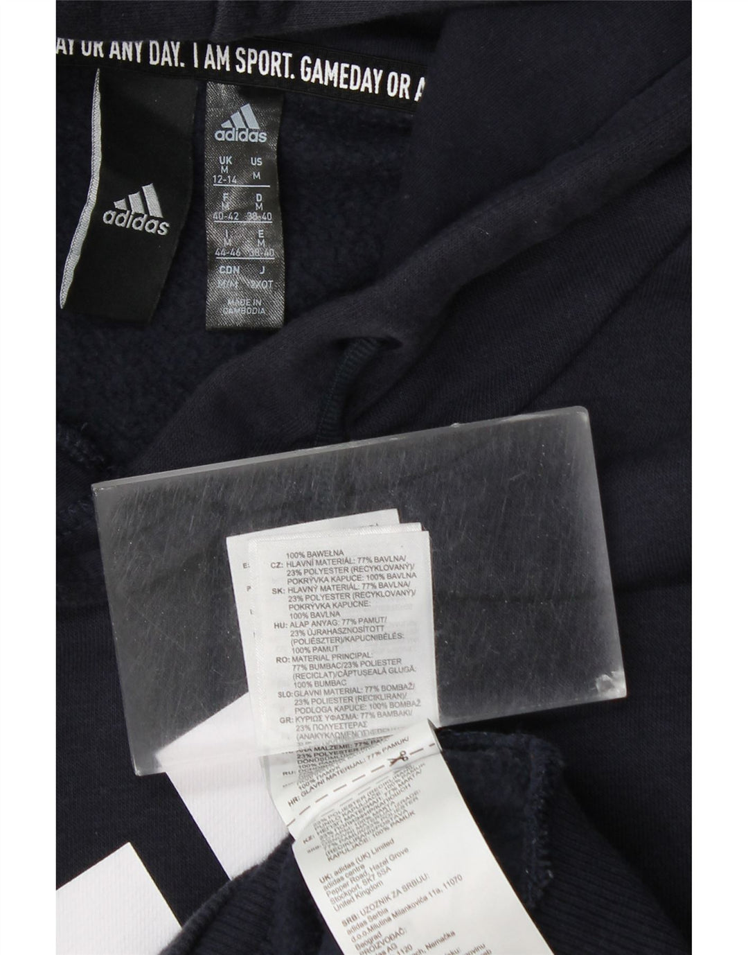 Pulover ADIDAS pentru damă, cu hanoră cu grafică, UK 12/14, bumbac mediu albastru bleumarin