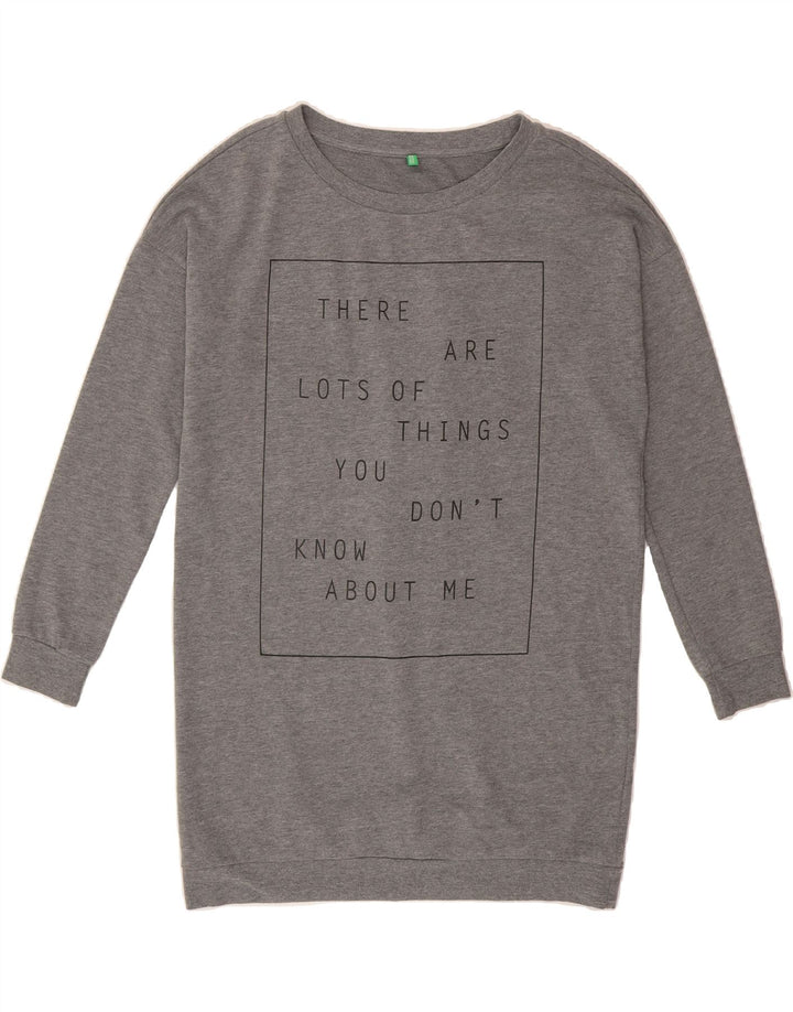 BENETTON Womens Longline Graphic Sweatshirt Jumper UK 16 Large Grey Vintage Benetton and Second-Hand Benetton from Messina Hembry 