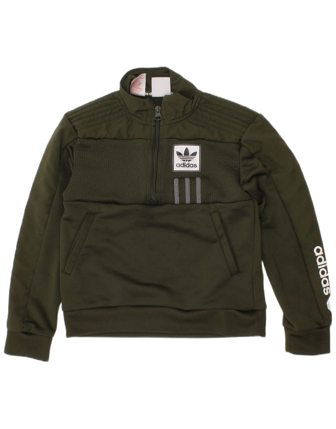 Pulover pentru băieți Adidas, cu grafic, cu fermoar, cu gât, 7-8 ani, poliester verde