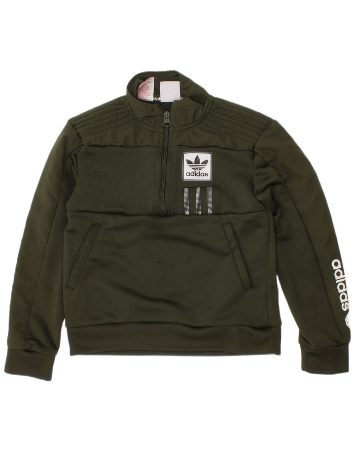 Pulover pentru băieți Adidas, cu grafic, cu fermoar, cu gât, 7-8 ani, poliester verde