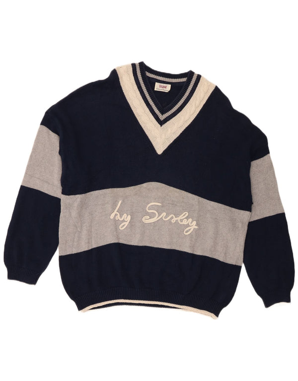 Pulover pentru bărbați Sisley, cu decolteu în V, XL, bumbac color-block, albastru marin