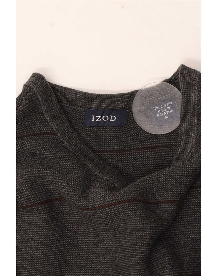 Pulover Izod pentru bărbați cu gât roșu, bumbac cu dungi, gri mediu