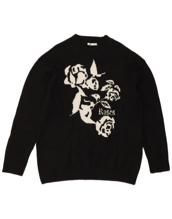 Pulover pentru femei cu grafic supradimensionat cu gâtul turnat Zara UK 10 Mic Negru