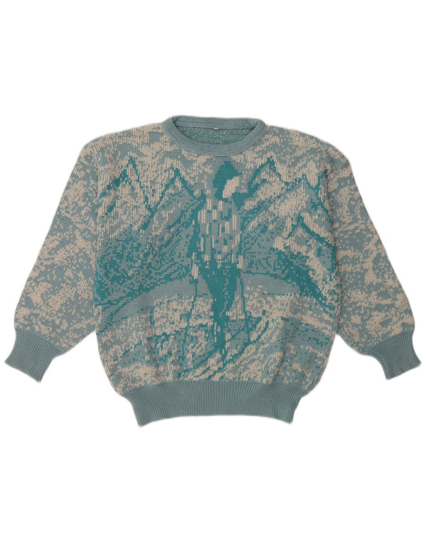 Pulover vintage pentru femei cu model abstract, cu gâtul turn, pulover UK 16, mare, albastru