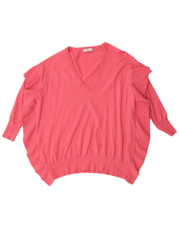 Pulover pentru femeie Zara, cu mâneci 3/4, cu decolteu în V supradimensionat, Roz mediu, UK 14