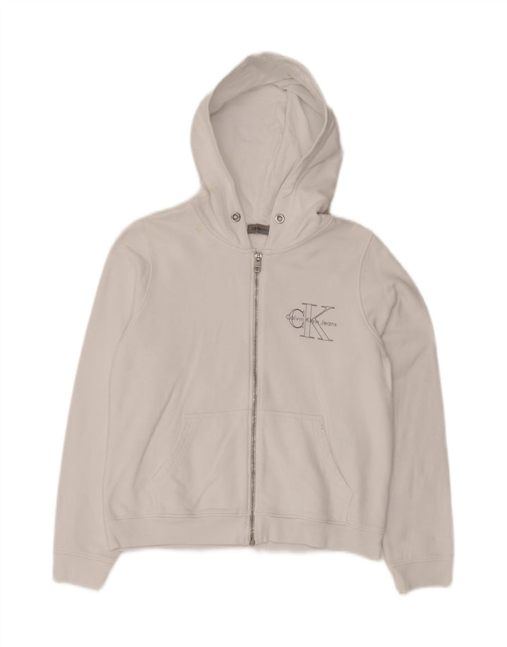 CALVIN KLEIN JEANS Pulover cu capota cu fermoar cu grafic pentru femei UK 10 Small White
