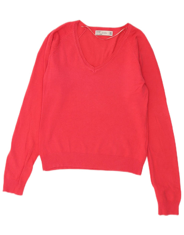 Zara Womens Crop V-Neck Jumper Sweater UK 12 Medium Red Cotton