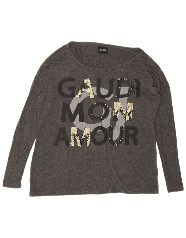 Gaudi Womens Oversized Graphic Top Long Sleeve UK 10 Small Grey Viscose