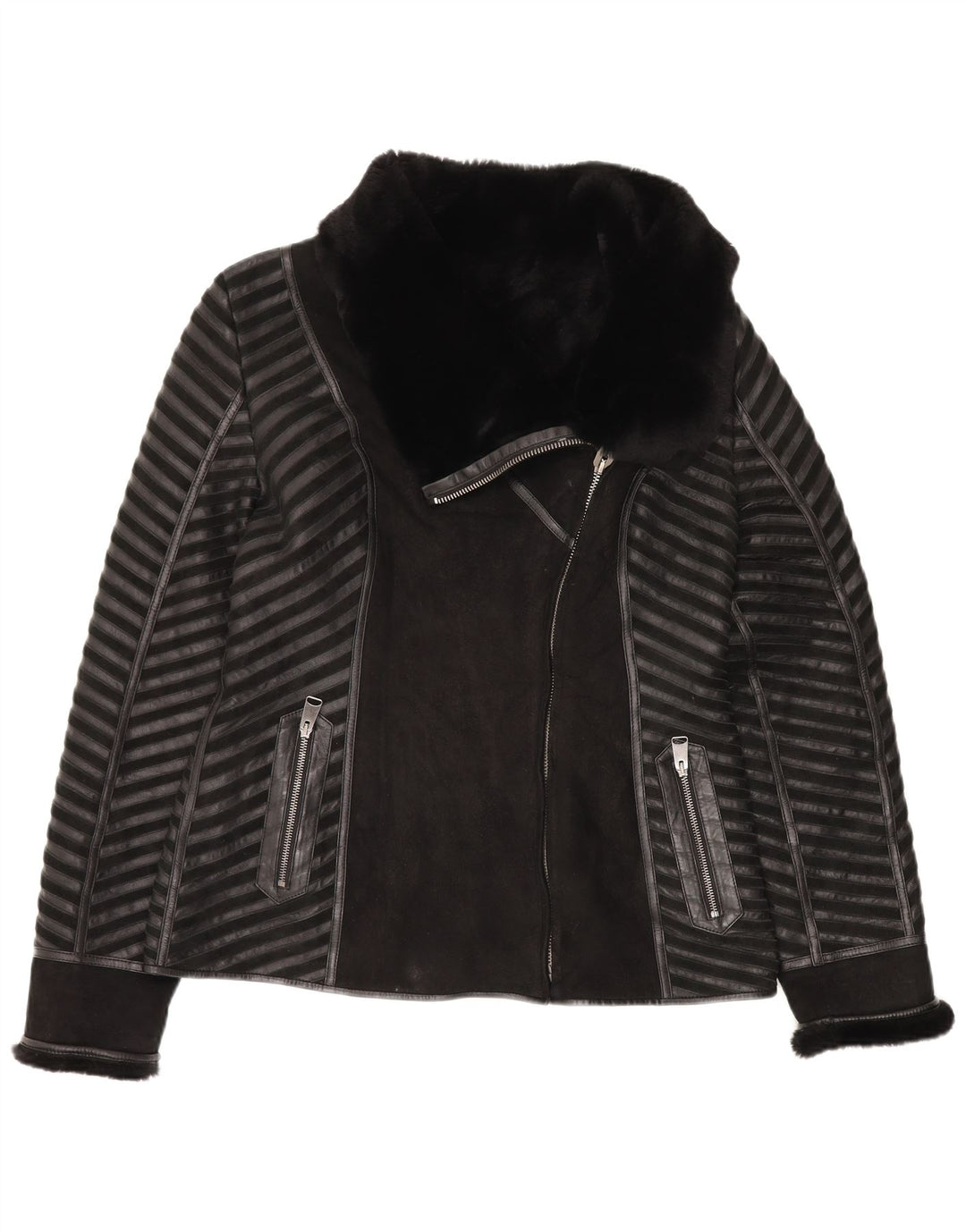 Jachetă din shearling vintage pentru femei UK 18 XL, piele cu dungi negre