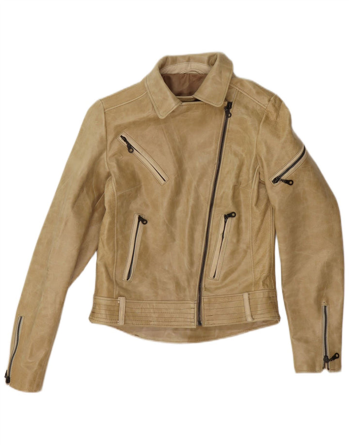 Jachetă de motociclist din piele vintage pentru femei UK 4 XS Bej
