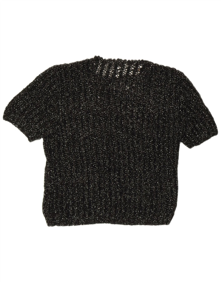 Pulover vintage pentru femei cu mânecă scurtă cu gâtul tripu și pulover UK 12 mediu negru