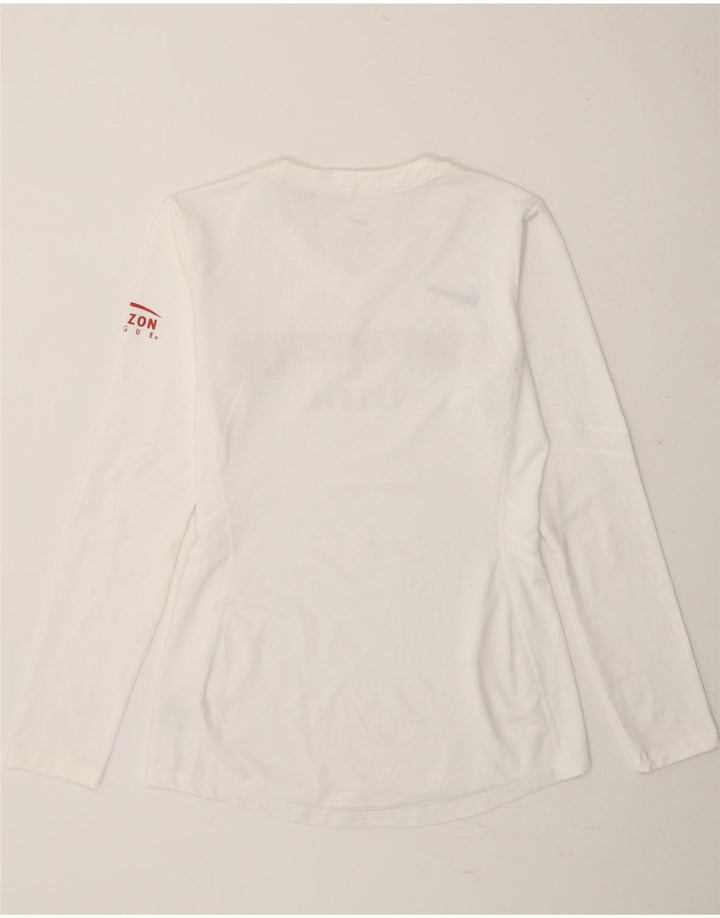 NIKE Womens Graphic Top Long Sleeve UK 10 Small White Polyester Vintage Nike and Second-Hand Nike from Messina Hembry 