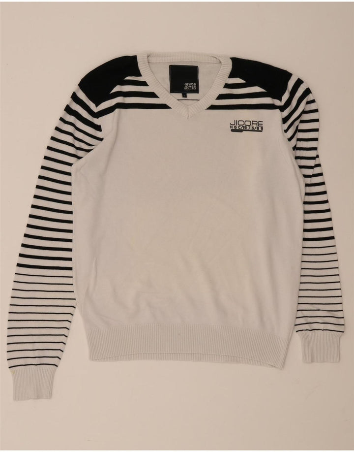 Jack & Jones Pulover cu decolteu în V pentru bărbați, mare, alb, bloc de culoare