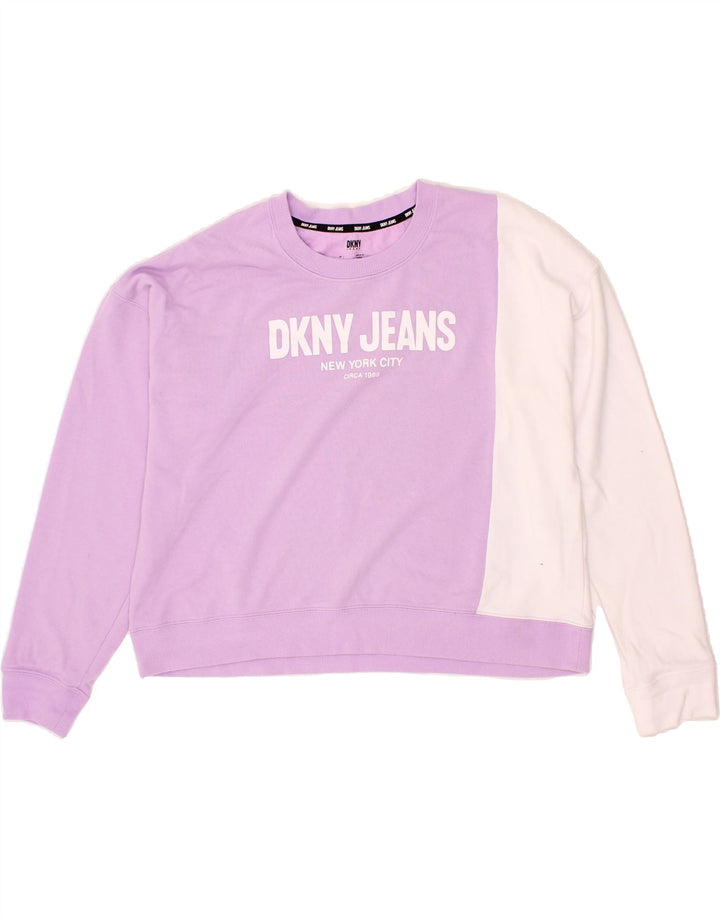 DKNY Womens Oversized Sweatshirt Jumper UK 16 Large Purple Colourblock Vintage Dkny and Second-Hand Dkny from Messina Hembry 