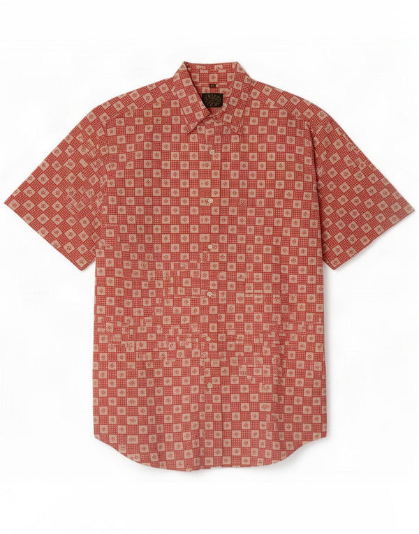 Green Leaves Cămașă cu mânecă scurtă pentru bărbați Medium Red Geometric Bumbac