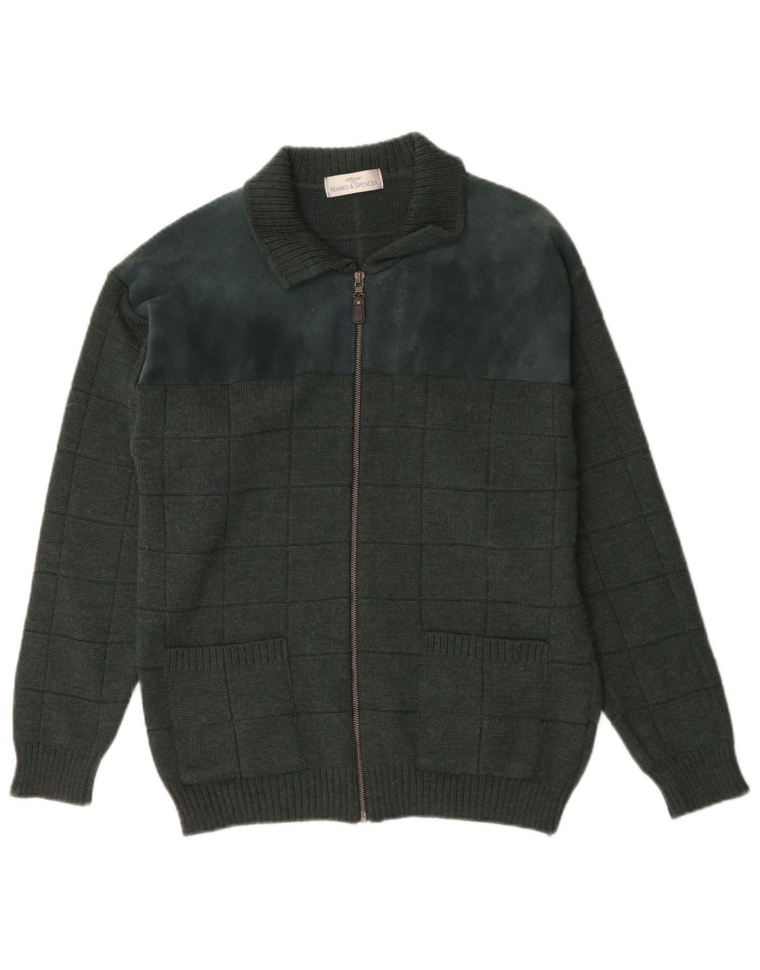 Pulover Cardigan St. Michael pentru bărbați Marks & Spencer, lână cu carouri mici, verde