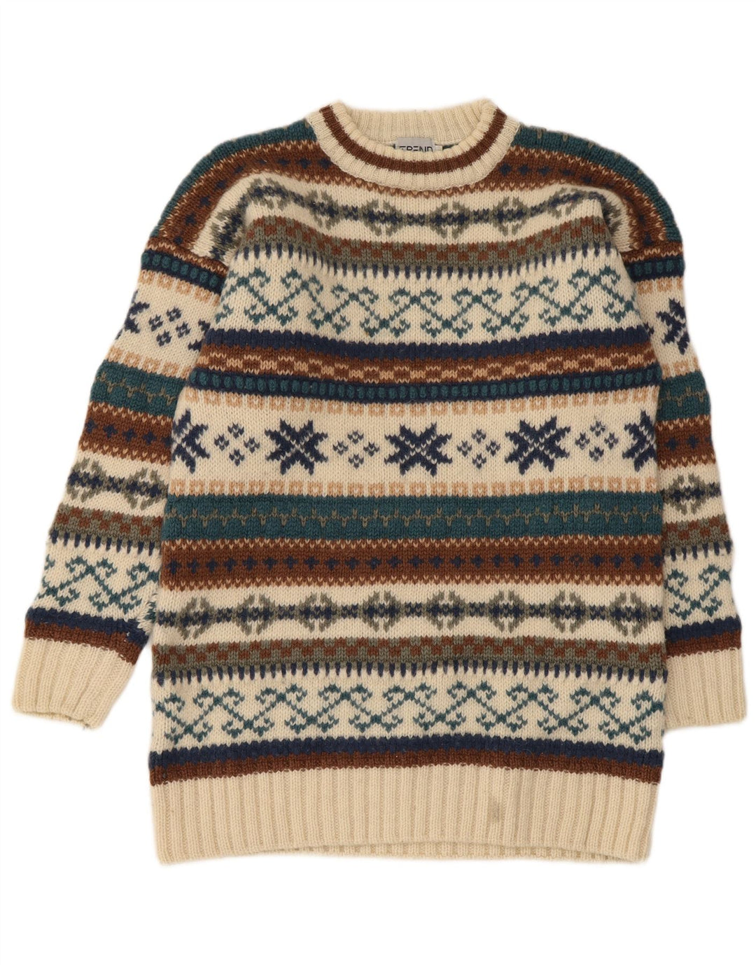 Pulover vintage pentru bărbați cu decolteu rotund, lână Fair Isle, bej mediu
