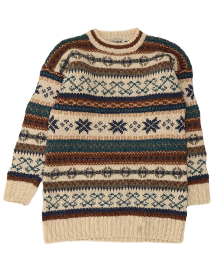 Pulover vintage pentru bărbați cu decolteu rotund, lână Fair Isle, bej mediu