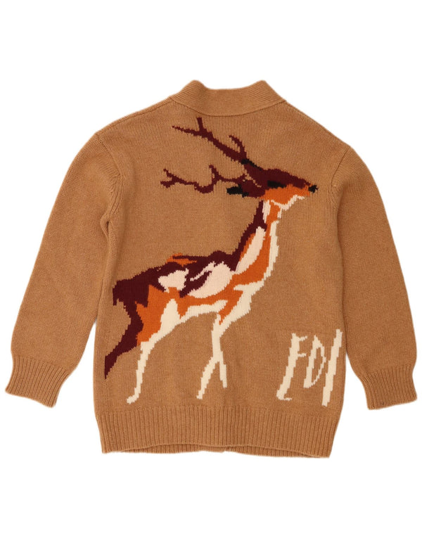 Pulover cardigan cu grafic pentru femei vintage UK 6 XS maro imprimeu animal