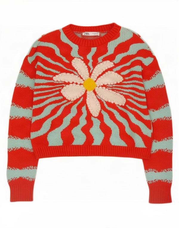 Pulover supradimensionat pentru femei Zara UK 10 Bumbac geometric roșu mic
